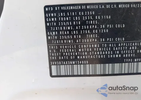 2022 Volkswagen Tiguan 2.0T Se z USA, uszkodzony, nr VIN 3VV3B7AX3NM134809